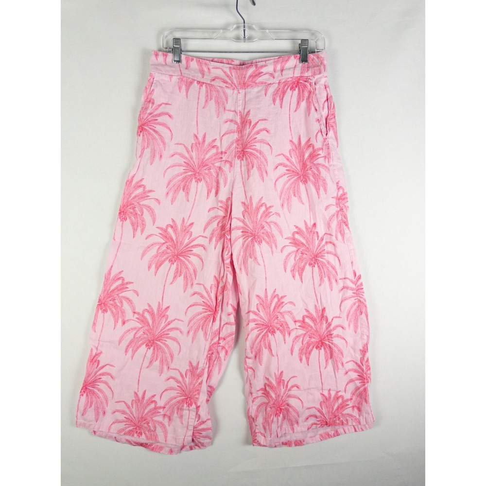 Tahari 100% Linen Wide Leg Capri Pants Womens L Pink Palm Tree Print Resort Boho